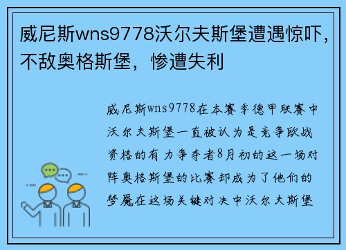 威尼斯wns9778沃尔夫斯堡遭遇惊吓，不敌奥格斯堡，惨遭失利