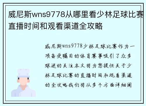 威尼斯wns9778从哪里看少林足球比赛直播时间和观看渠道全攻略